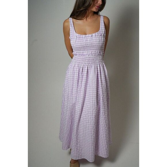 TCEC Dresses & Skirts - TCEC Gingham Square Neck Smocked Bodice Midi Dress Lavender Purple Medium